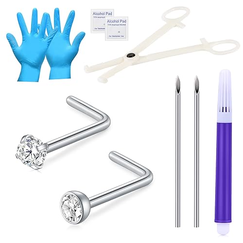 JIESIBAO Nose Piercing Kit,18G Nose Rings Studs L Shape Nose Screw