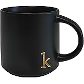 COLLECTIVE HOME - Black Monogram Ceramic Mugs, 15 oz Golden Initial Coffee Cups, Elegant Alphabet Tea Mugs, Personalized Halloween Mug with Gift Box, Perfect for Office and Home Décor (k)