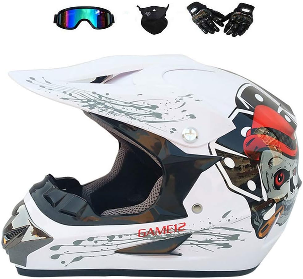 BMAQ White Motocross Helmet - Adult Full Face Helmet - Men/Women/Kid Motorbike Helmet with Goggles Gloves Mask - Mountain Bike Helmet - Outdoor Youth Racing Safety Helmet