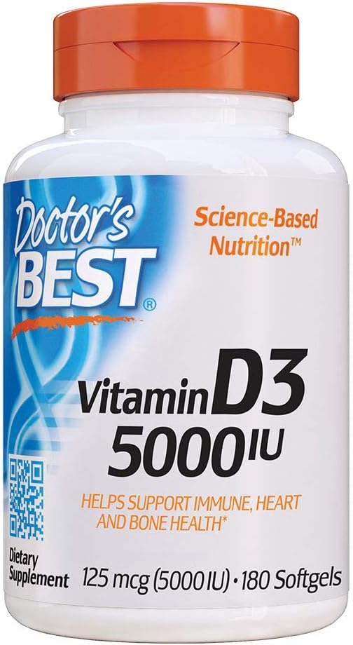Doctor's Best Vitamin D3 5000IU, Non-GMO, Gluten Free, Soy Free, Regulates Immune Function, Supports Healthy Bones, 180 Count (Pack of 1): Health & Personal Care
