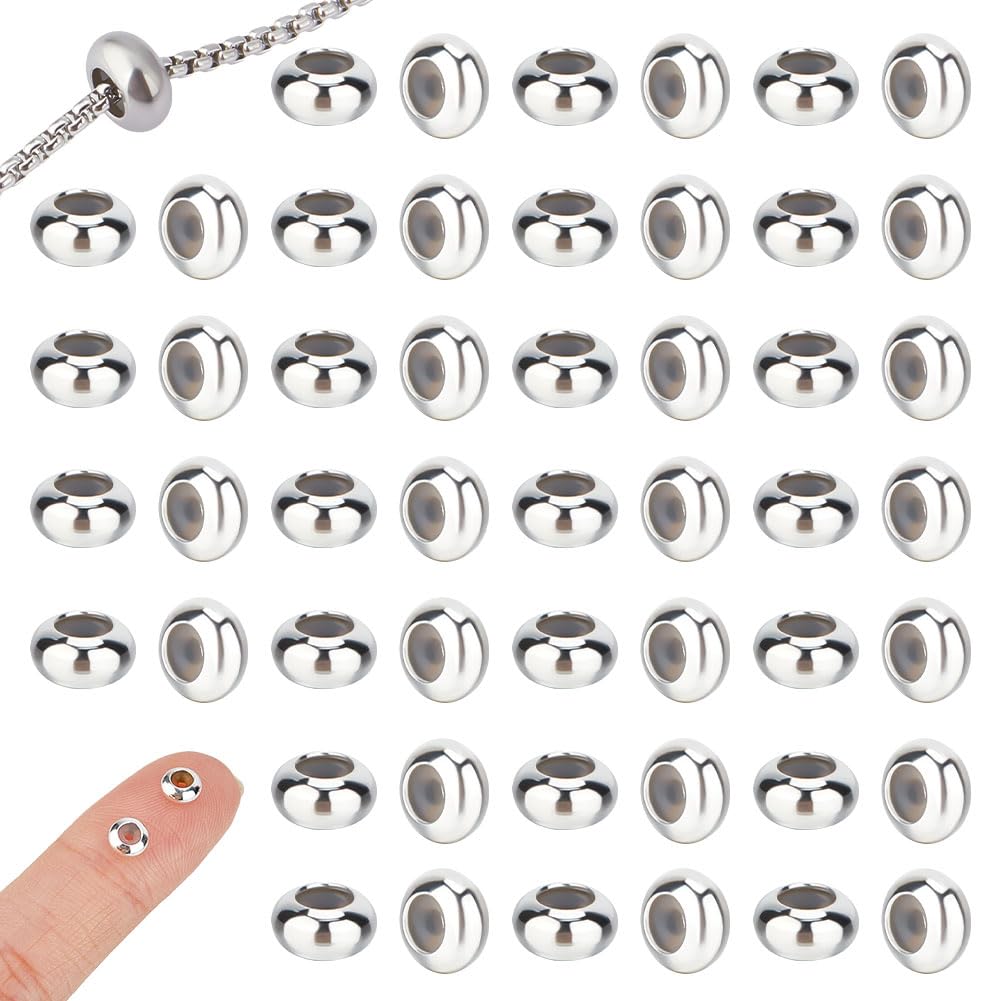 UNICRAFTALE 50pcs Stopper Brass Slider Beads - 5mm Silver Spacer Adjustable Rondelle Loose Beads for DIY Bracelets & Jewelry Making