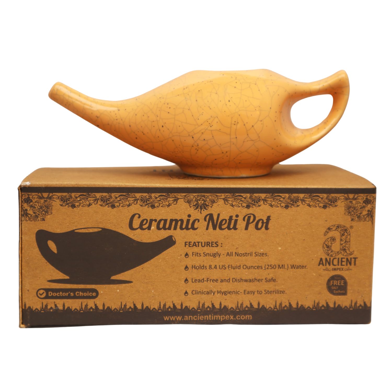 Ancient Impex Ceramic Neti Pot (270 Ml Capacity) with 5 Sachets of Neti Salt + Instructions Leaflet | Natural Treatment for Sinus, Infection and Congestion - Orange Color Crackle Pattern