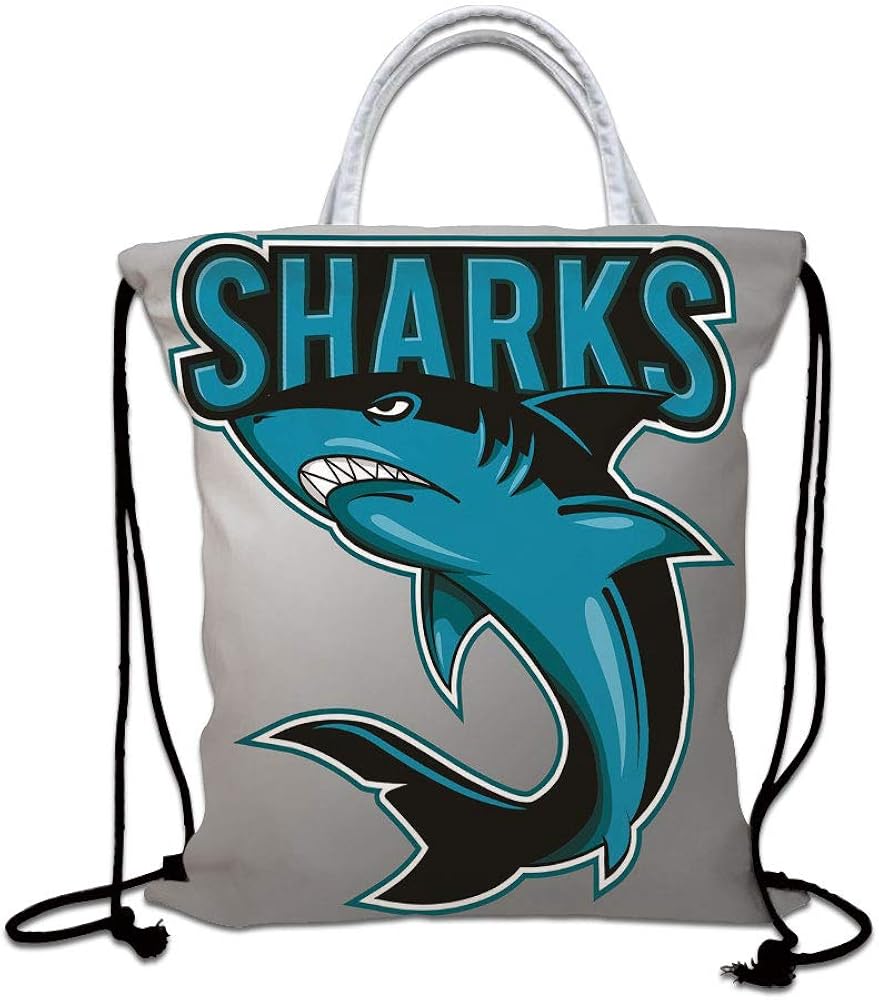 Shark Drawstring Backpack Bag,Angry Danger Fish Fins Aggressive Sea Creature Monster Life Illustration Decorative Lightweight Sports Gym Bag for Women Men Children,Petrol Blue Black Grey