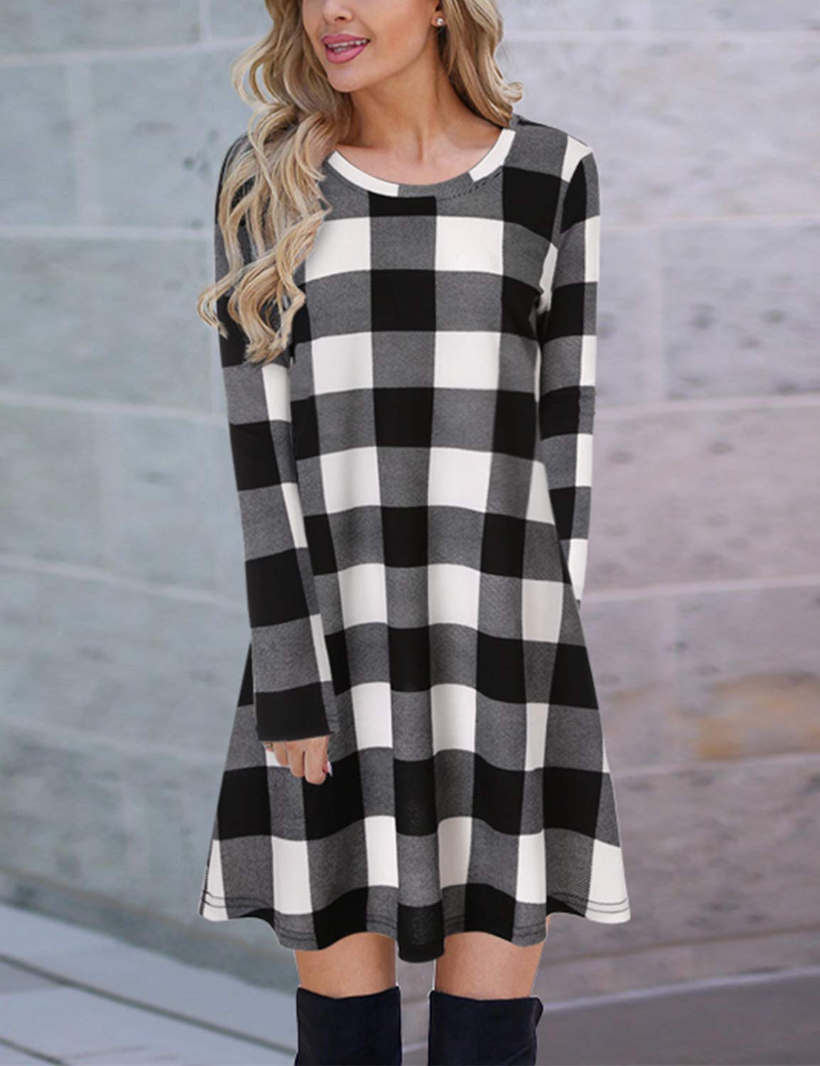 Blooming Jelly Women\'s Plaid Swing Dress Long Sleeve Round Neck Tunic Mini Dress(L,Plaid)