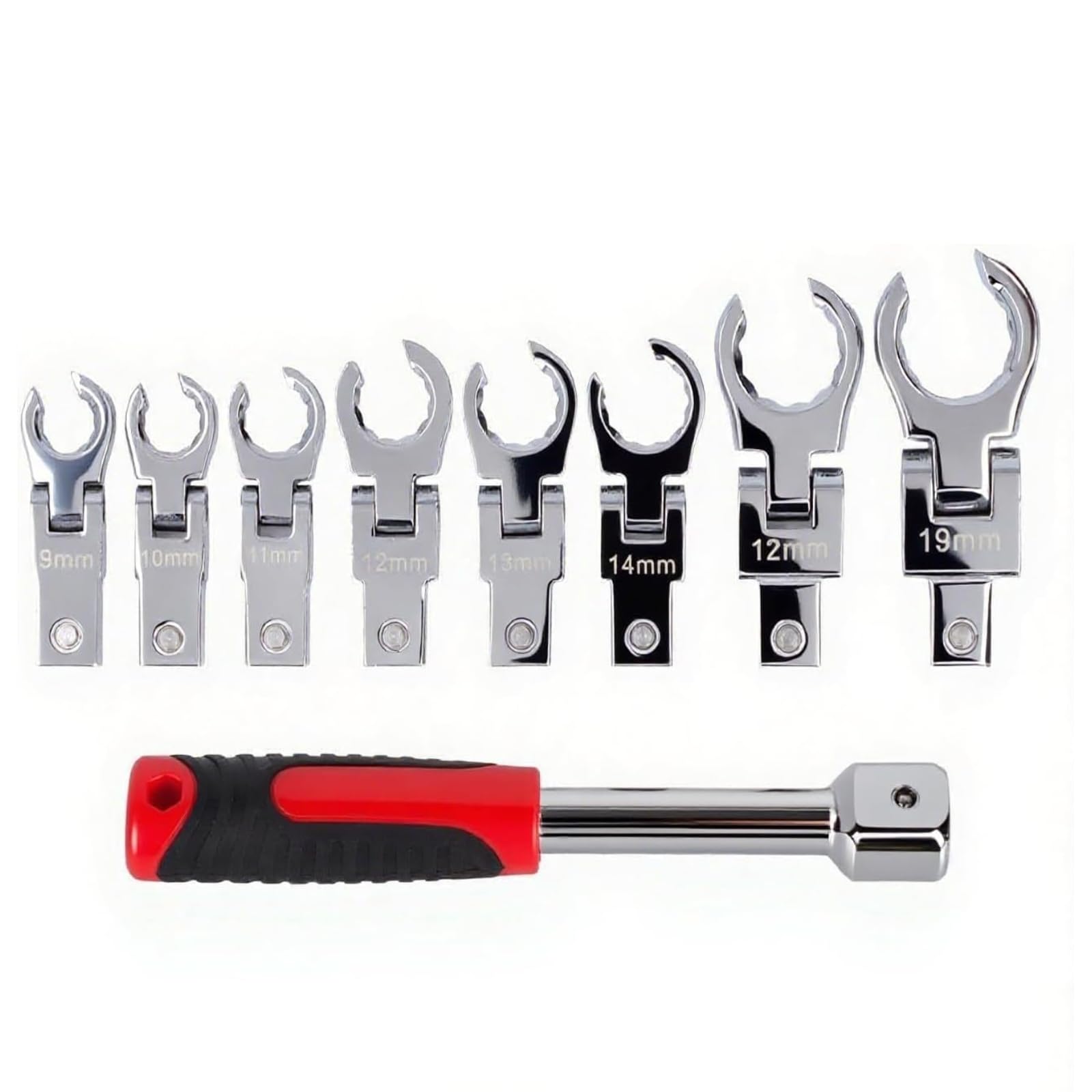 Flex Head Flare Nut Spanner Set, 9pc 9-19mm Metric Brake Line Spanner Offset Box Wrench Set, 12-Point 180 Degree Rotating Flare Nut Wrench Set Open Ring Spanner for Nuts on Brake, Fuel and Tubing