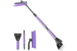 OUSHASAA 44" Ice Scraper and Snow Brush for Car Windshield with Extendable, 360° Pivoting, Soft Bristle Head, Foam Grip, for Car, Truck, SUV Window Tool (Purple)