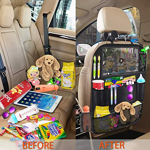 Backseat Car Organizer with 4 USB Charging Port, 11'' Touch Screen Tablet Holder, Seat Back Protectors Kick Mats for Toy Bottle Book Drink, Universal Fit Travel Accessories for Kid & Toddlers (2 Pack)