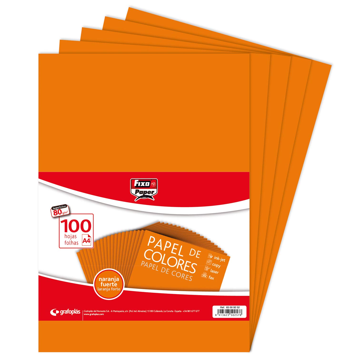 Fixo Paper 65009252. Pack of 100 Sheets of 80 g, Deep Orange, A4