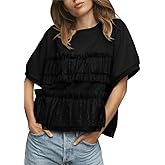 VAOYIU Women Elegant Lace Pleated Mesh Layered Blouse Short Puff Sleeve Round Neck Top Sparkling Ruffled Patchwork Shirt