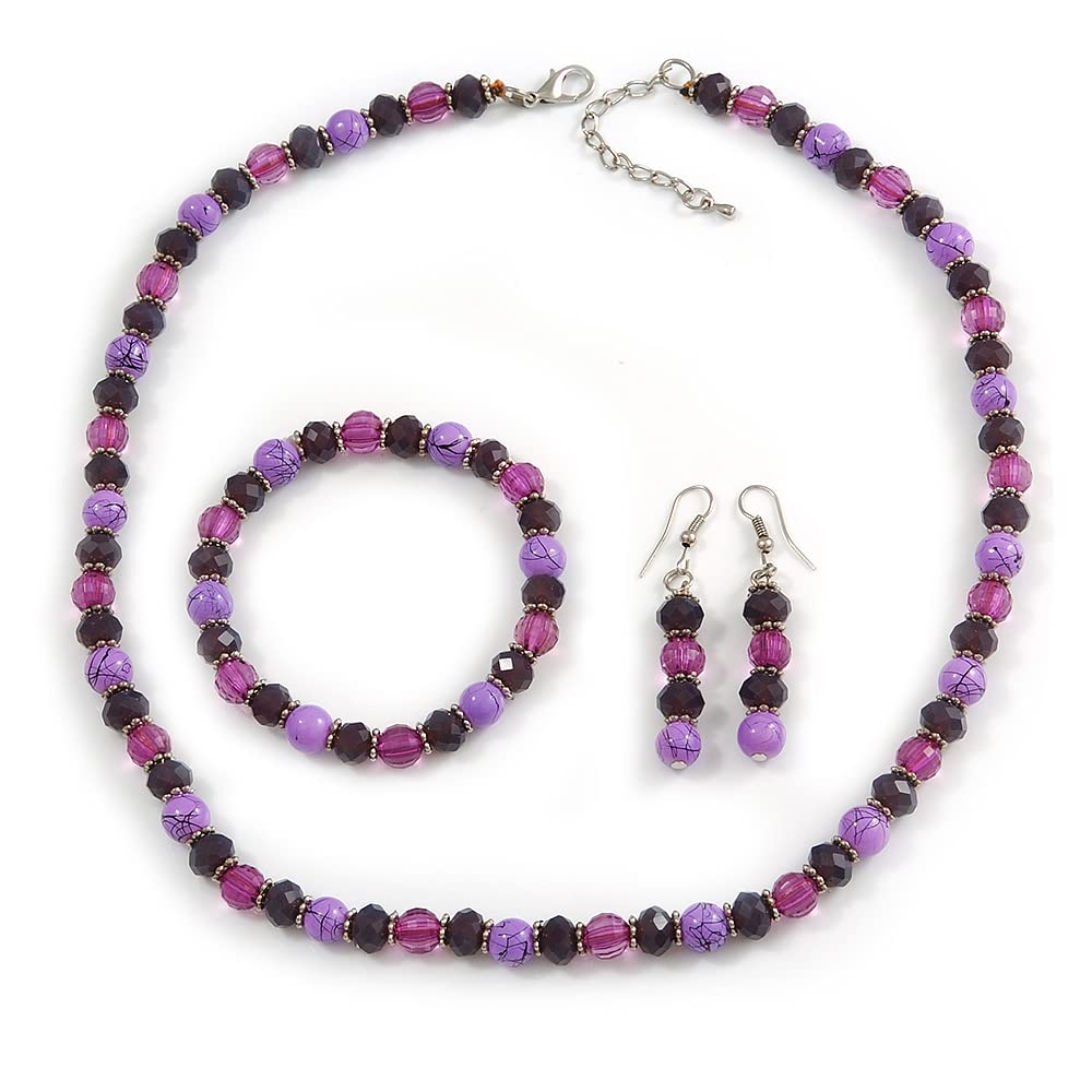 Avalaya Deep Purple/Lilac/Violet Glass/Ceramic Bead with Silver Tone Spacers Necklace/Earrings/Bracelet Set - 48cm L/ 7cm Ext
