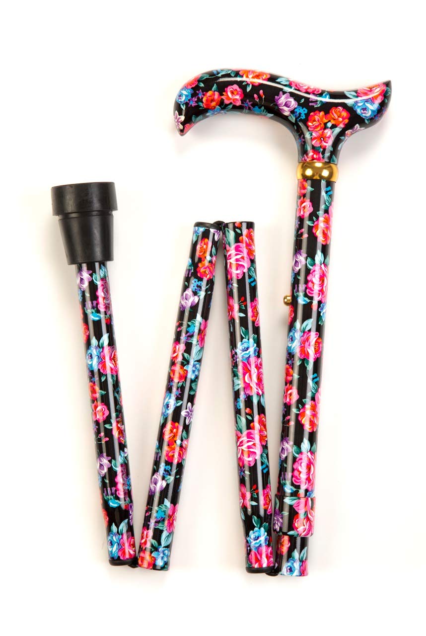 Blue and Red Flowers Pattern Ladies Folding Adjustable Walking Stick with a Floral Patterned Handle (33-36.5")