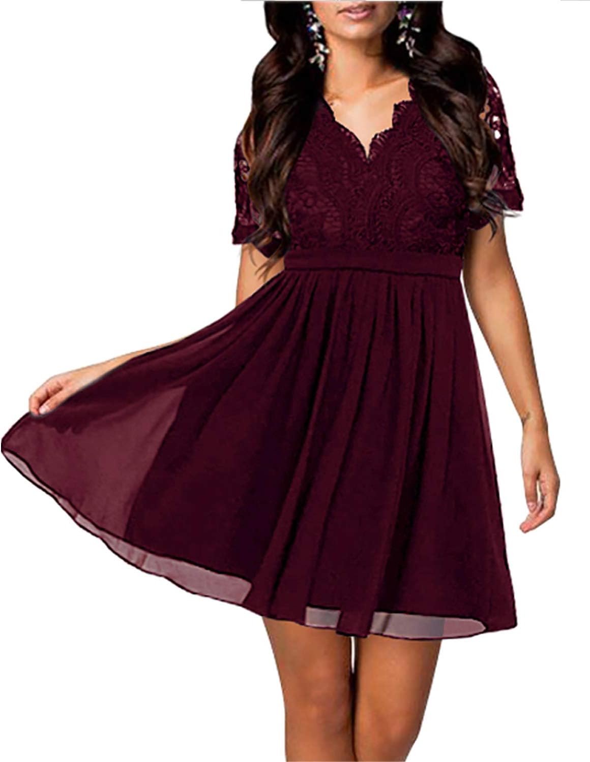 Yikomi Women's Short Sleeve V-Neck Lace Floral Cocktail, Burgundy, Size Medium