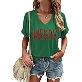 Women's V Neck Christmas T-Shirt Winter Casual Funny Family Xmas Party Short Sleeve Graphic Tees Tops