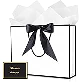 YoungTree Medium Gift Bag with Ribbon and Greeting Card 2 Tissue Papers, Paper Birthday Gift Bags with Handles, Elegant Present Bags for Valentines Day Wedding Engagement Party Supplies (White-Black)