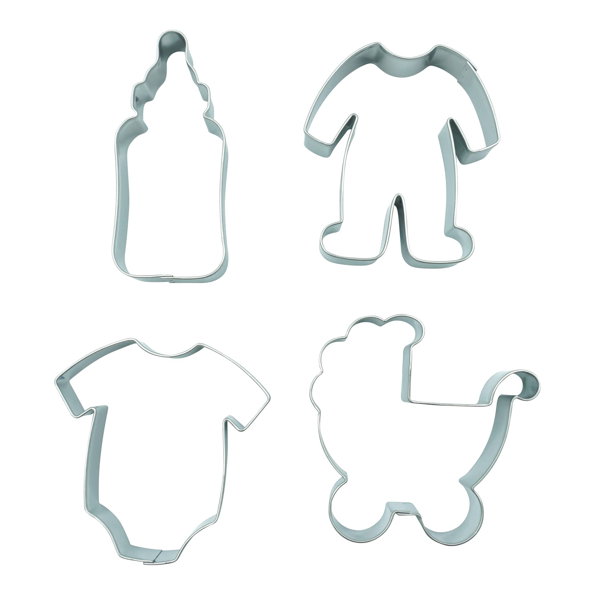 BekkiB 4-Piece 'Baby' Cookie Cutter Set - Baby Bottle, Bodysuit, Pushchair, Romper - Stainless Steel, Dishwasher Safe