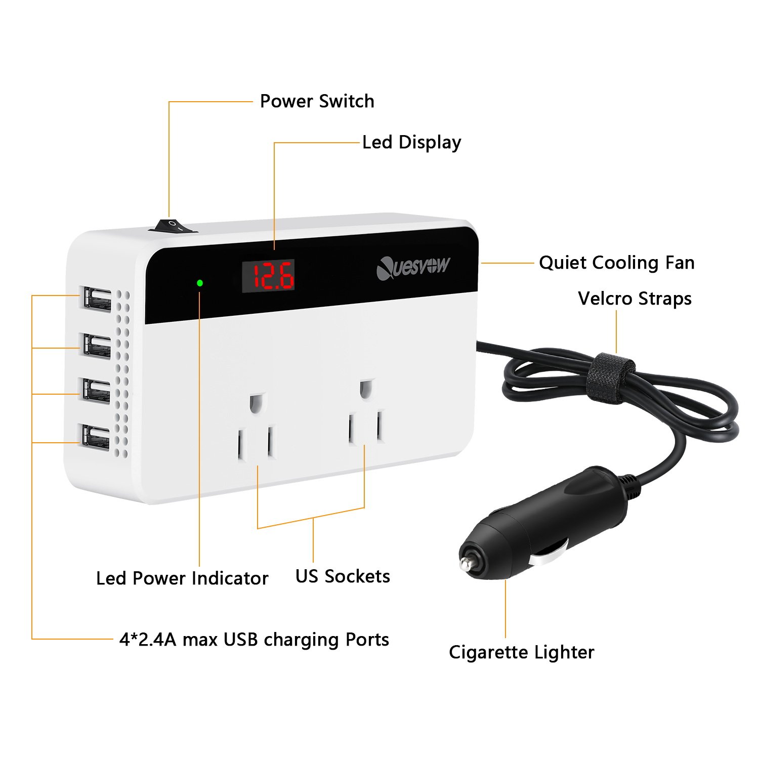 Quesvow 200W Car Power Inverter DC 12V to 110V AC Converter 4 USB Ports Charger-White