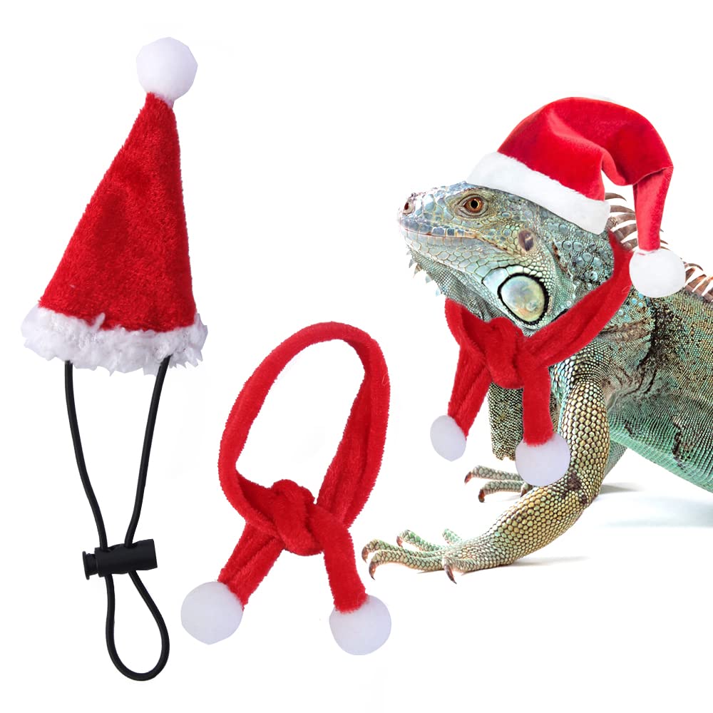 Bearded Dragon Reptile Lizard Accessories Santa Claus Hat with Scarf Pet Christmas Costume Set for Small Animals Winter Holiday New Year (Red)
