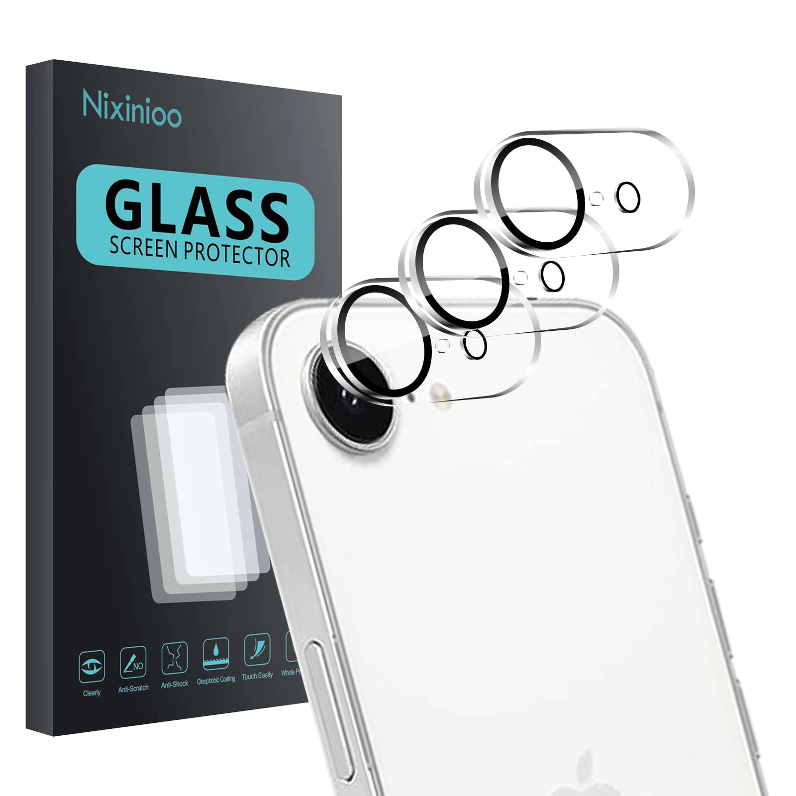 Nixinioo 3 Pack Camera Lens Protector for iPhone 16e / iPhone 17e, Tempered Glass, Anti-Fingerprint, 9H Hardness, Scratch Resistant, Easy to Install, Bubble Free，HD Clarity