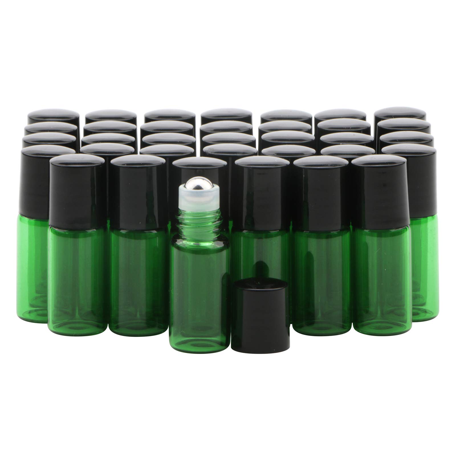 Rowiz 35PCS 3ml Colorful Glass Roll on Bottles Essential Oil Bottle with Stainless Steel Roller Balls and Black Screwcap (green)