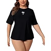 Halcurt Women's Plus Size Rash Guard Short Sleeve Swim Shirt with Built in Bra UPF50+ Sun Protection Swimsuit Top