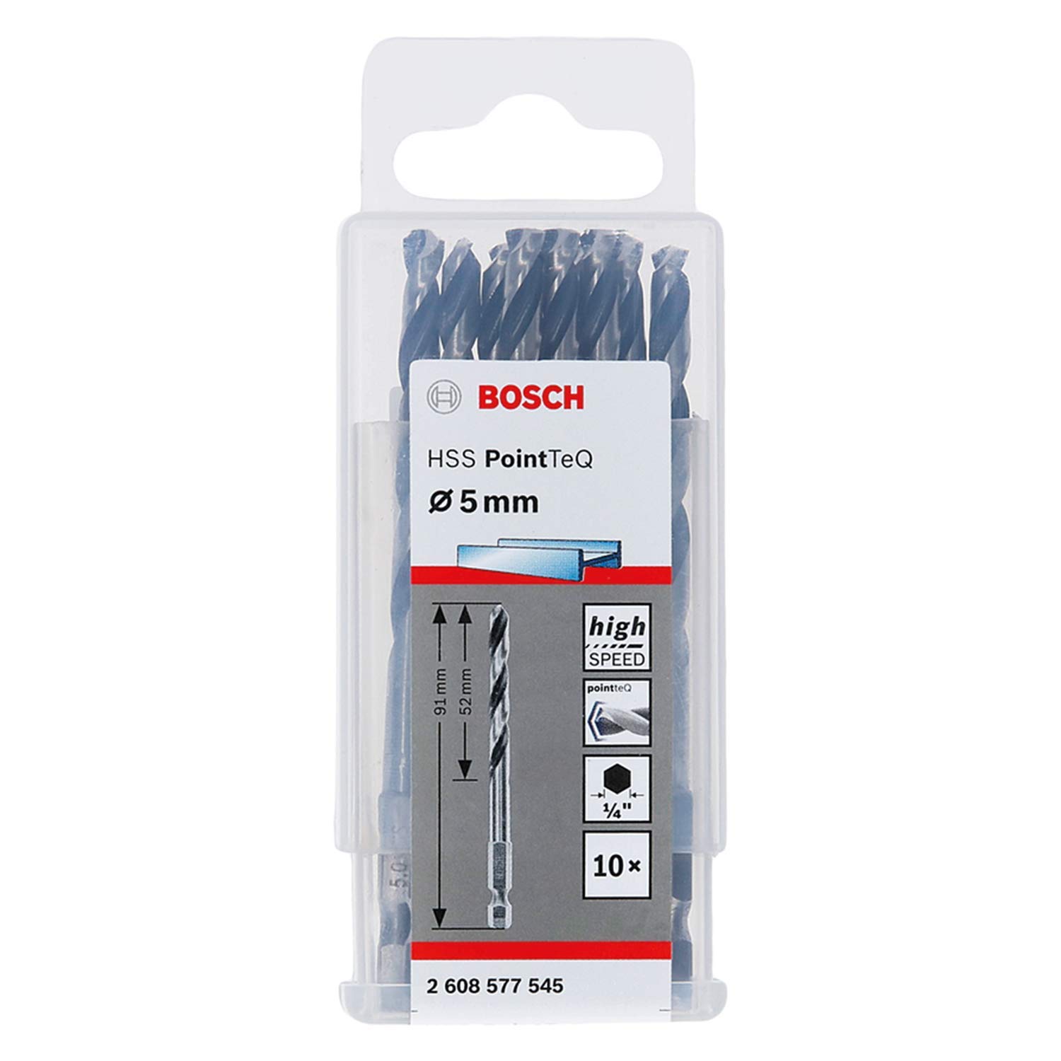 Bosch Professional 10pc PointTeQ Hex Drill Bit (for Metal, Ø: 5.0 mm, Total Length: 91 mm, ¼’’ Hex Shank, Accessory for Impact Drivers and Drill Drivers)