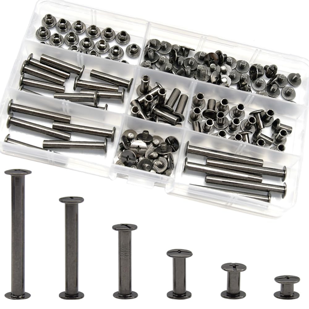 CEEYSEE 140Pcs(70 Sets) Chicago Screws Assorted Kit M5 x 5/10/15/25/35/45mm Nail Rivet Chicago Button for DIY Leather Decoration Bookbinding Round Flat Head Stud Screw (ZBYC-QS) — image 1