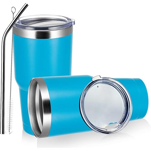 30oz/2 PACK Stainless Steel Tumbler With Lid，Double Wall Vacuum Insulated Travel Mug Coffee Cup With Straw,Durable Powder Coated Insulated Coffee Cup for Cold & Hot Drinks (Skyblue, 2 Pack)