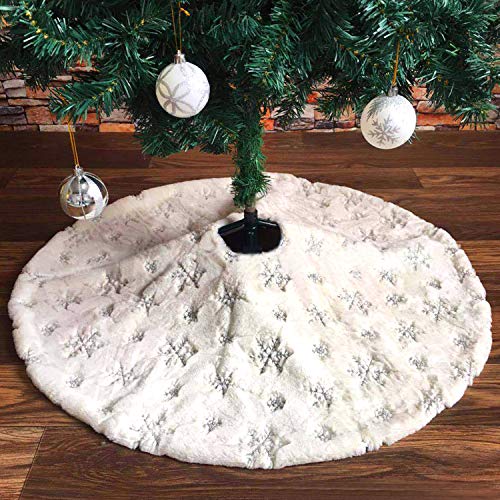 Lorfancy Christmas Tree Skirt, 48 inches Snowflake White Luxury Faux Fur Tree Skirt for Christmas Ornaments Decorations (Silver Snowflake) - Thumbnail 7