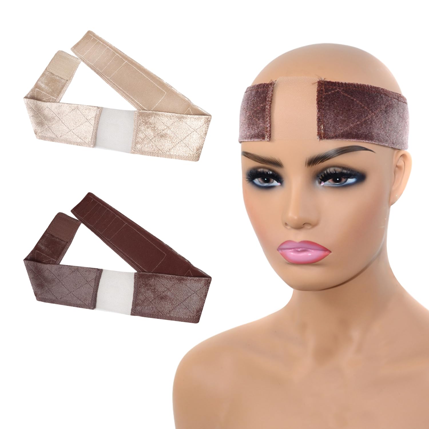 2 Pieces of Velvet Lace Wig Headbands, Anti-Slip Fixed Headband, Adjustable Elastic Hairband, Special Wig Accessories for Makeup (Dark Brown Skin Tone)