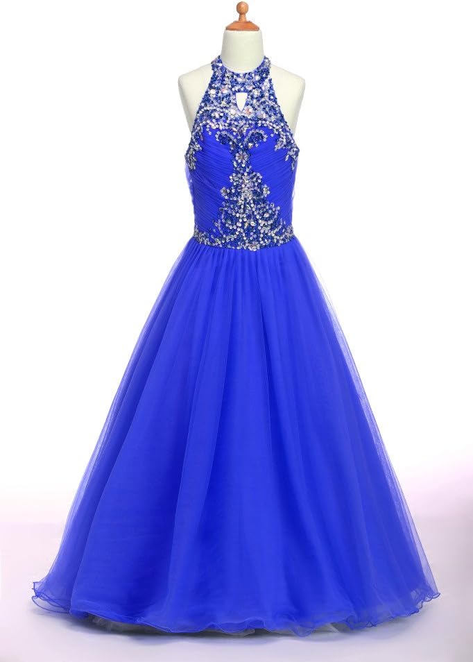 Zhiban Girls' O Neck Party Gowns Floor Length Crystals Pageant Dresses