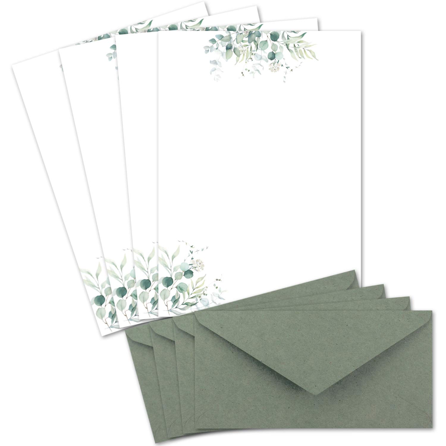 Glüxx Agent 100 Letter Paper Sets DIN A4 – Cream/natural White with Eucalyptus Branches – Envelopes DIN Long in Eucalyptus Green – Printable – Ideal for Wedding Invitations