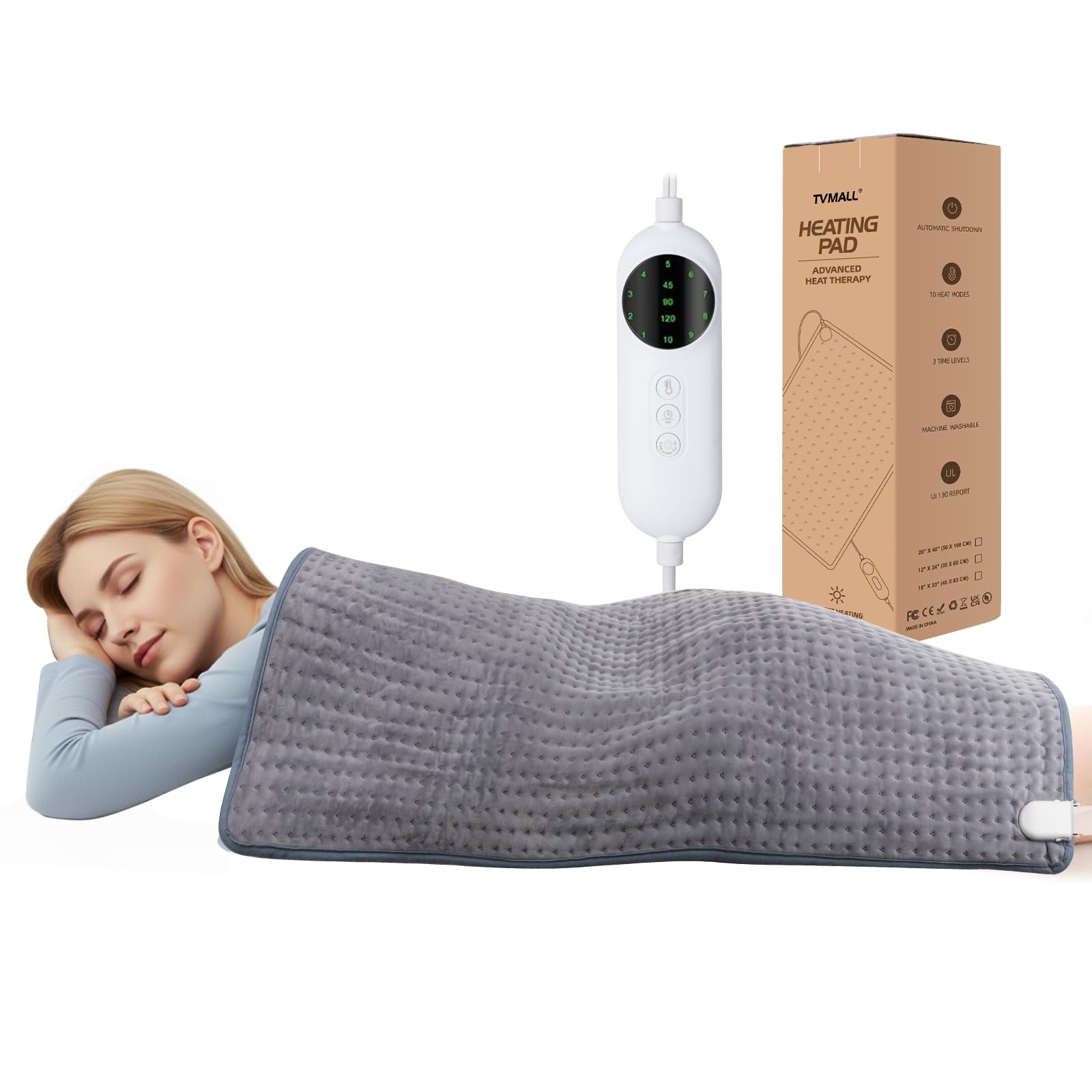 Heating Pad Electric, 50×100cm Electric Heat Pad for Back Pain Relief, Moist/Dry Heat, 10 Heat Settings, Auto Shut‑Off，Heating Pad for Back, Neck, Shoulder, Belly – Machine Washable (40"x20"Grey)