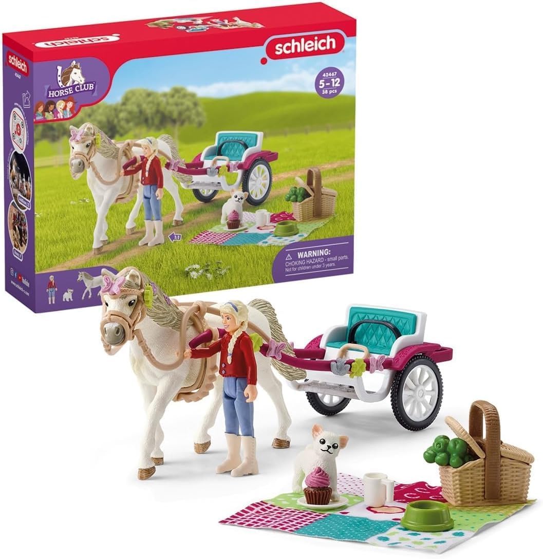 SCHLEICH 42467 Horse Club Kutsche für Pferdeshow, 38 Teile Spielset Pferde Figur, vollbeweglicher Mädchen-Figur und viel Zubehör, Spielzeug für Kinder ab 5 Jahren