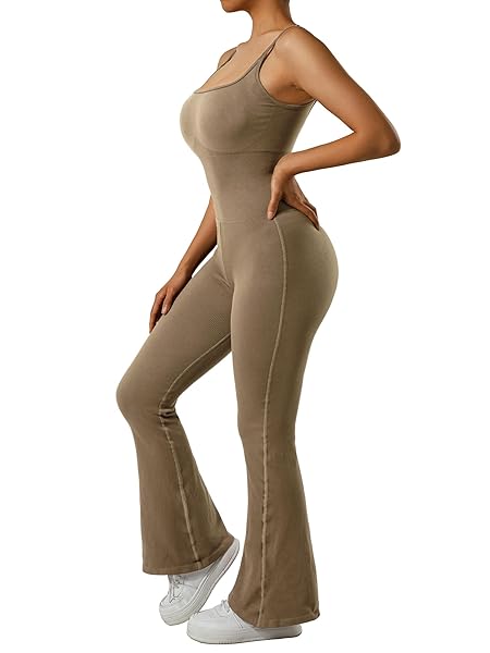 MOOSLOVER WOMEN RIBBED ONE PIECE FLARE JUMPSUITS SLEEVELESS SQUARE NECK TANK TOPS ROMPERS(XL,COFFEE)