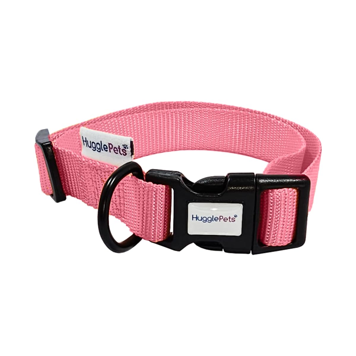 HugglePets Snappy Pink Medium 30-50cm Dog Collar | Adjustable Weatherproof Collar with Accessory Ring | Woven Fabric Collar | Small Medium Large Dogs