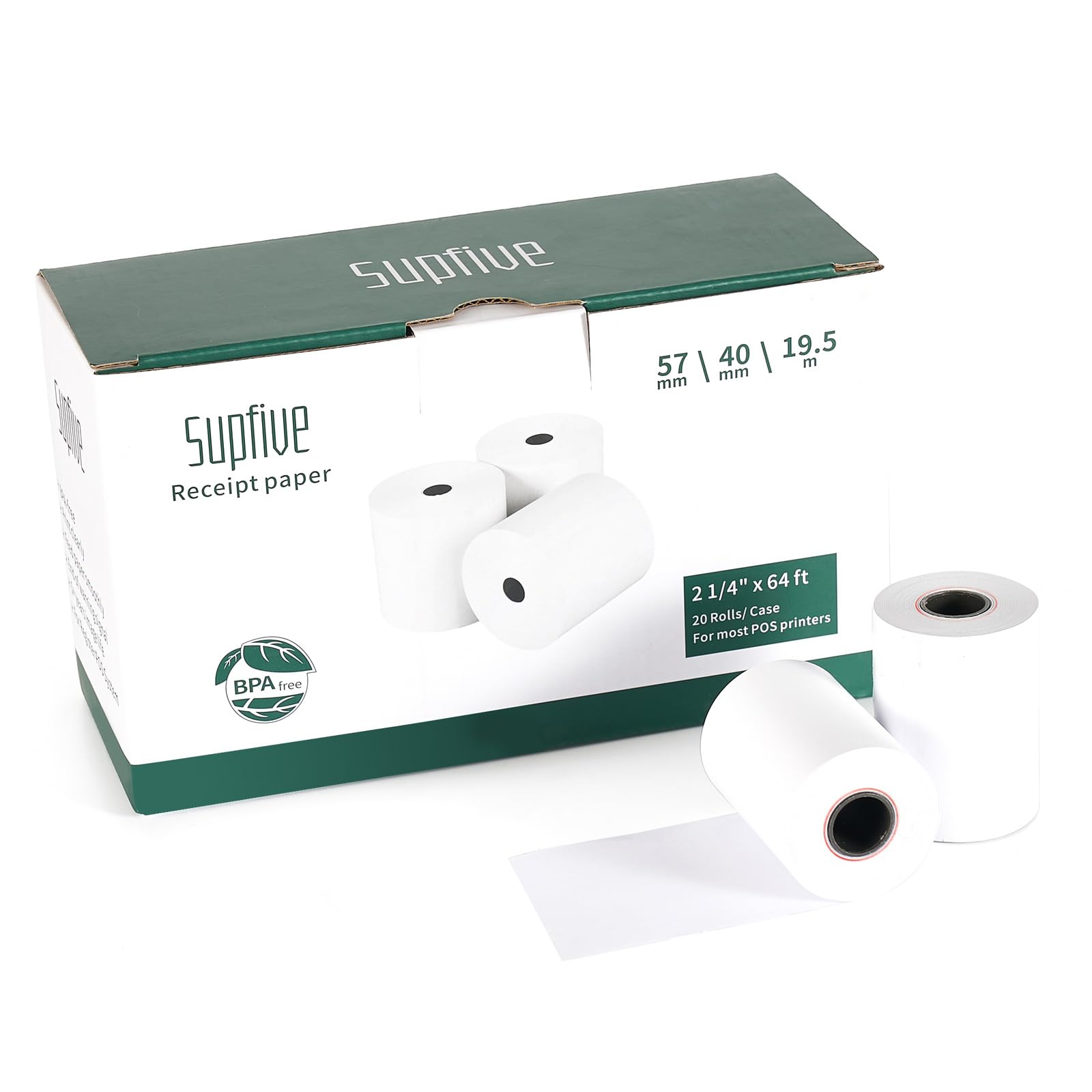 Supfive Till Rolls 57x40mm Thermal Paper 19.5m, Card Machine Paper Rolls, Cash Register Receipt Rolls, PDQ Rolls, for POS EPOS EFTPOS System (20 Rolls)
