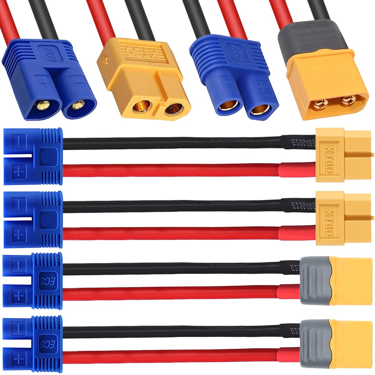 HAAMNING7 4 Pcs XT60 to EC3 Connector Cable XT60 to EC3 Plug Adapter 14AWG Male Female Extension Cable for RC Lipo Battery Charger RC Car Boat Drone ESC