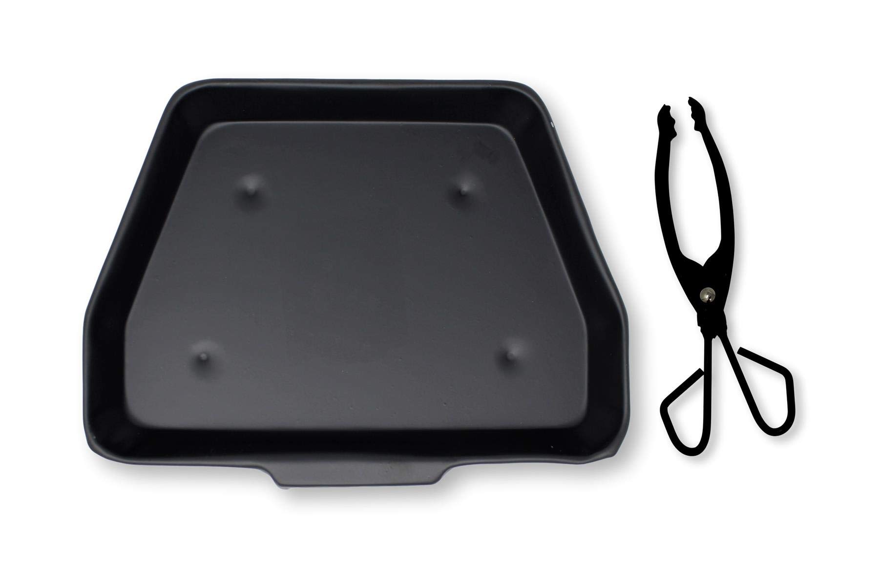 Black Metal Ash Pan - 28cm Wide (11") with Lightweight Coal and Log Tongs