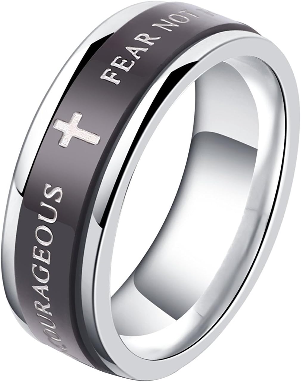 ALEXTINA 7MM Black Stainless Steel Bible Verse Isaiah 41:10 Joshua 1:9 Christian Ring Spinner Wedding Band (Size M-Y)