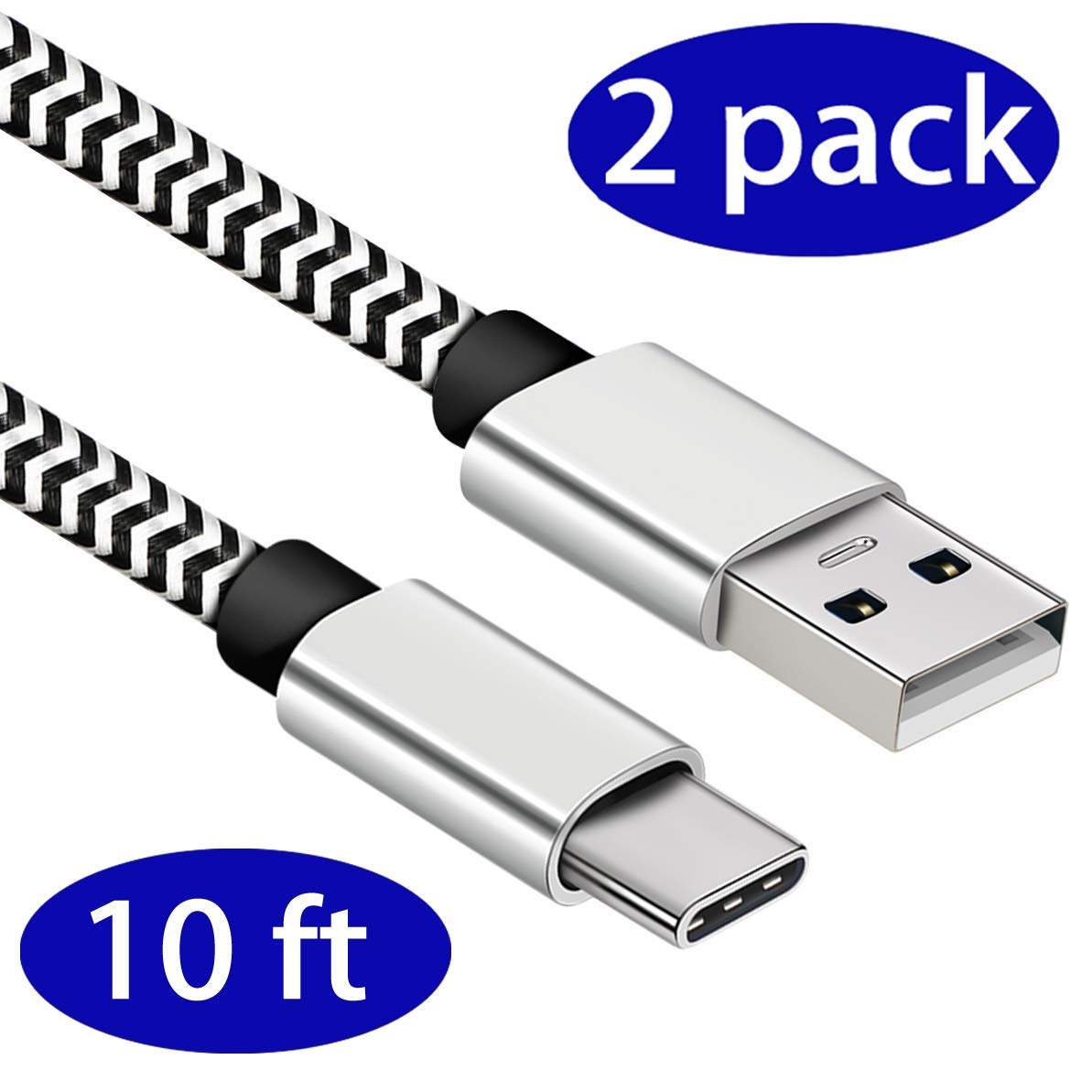 USB Type C Cable, [10FT,2-Pack] USB C to USB A Charger, Nylon Durable Braided Fast Charging Cord for LG V40 V30 V20 G6, Moto G6 Z2, Samsung Galaxy S9 S8 Note 9 Note 8, Nintendo Switch (Black/Silver)
