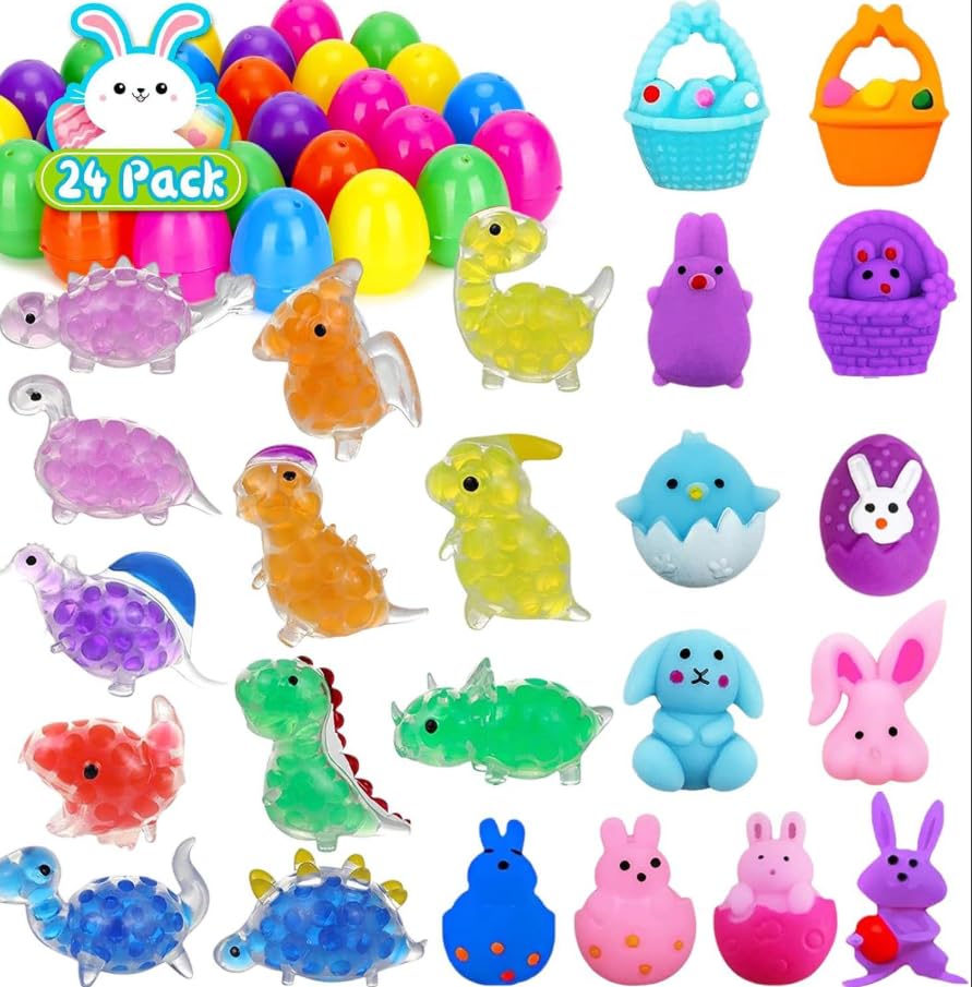 24 Pack Prefilled Easter Eggs with Mochi Squishies Toys, Animals Fidget Toys Stress Relief Sensory Squeeze Toy for Basket Stuffers Fillers Egg Hunt Party Favors Classroom Prize
