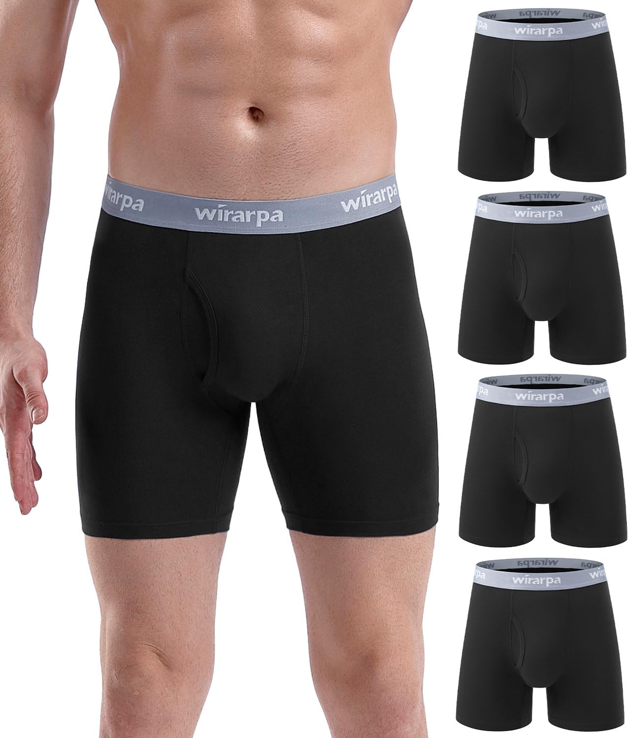 wirarpa Boxershorts Herren Baumwolle Männer Unterhosen Stretch Unterwäsche Men Boxer mit Eingriff ohne Etikett 4er Pack Schwarz Größe L