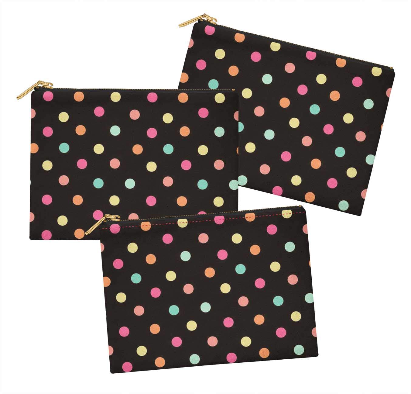 S4Sassy Black Colorful Polka Dot Mix 3 Pc Printed Multipurpose Zipper Make Up Pouch Toiletry Bag Organizer-6 x 8 Inches