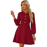 Allegra K Work Office Dress for Women's Button Decor A-Line Long Sleeve Dress