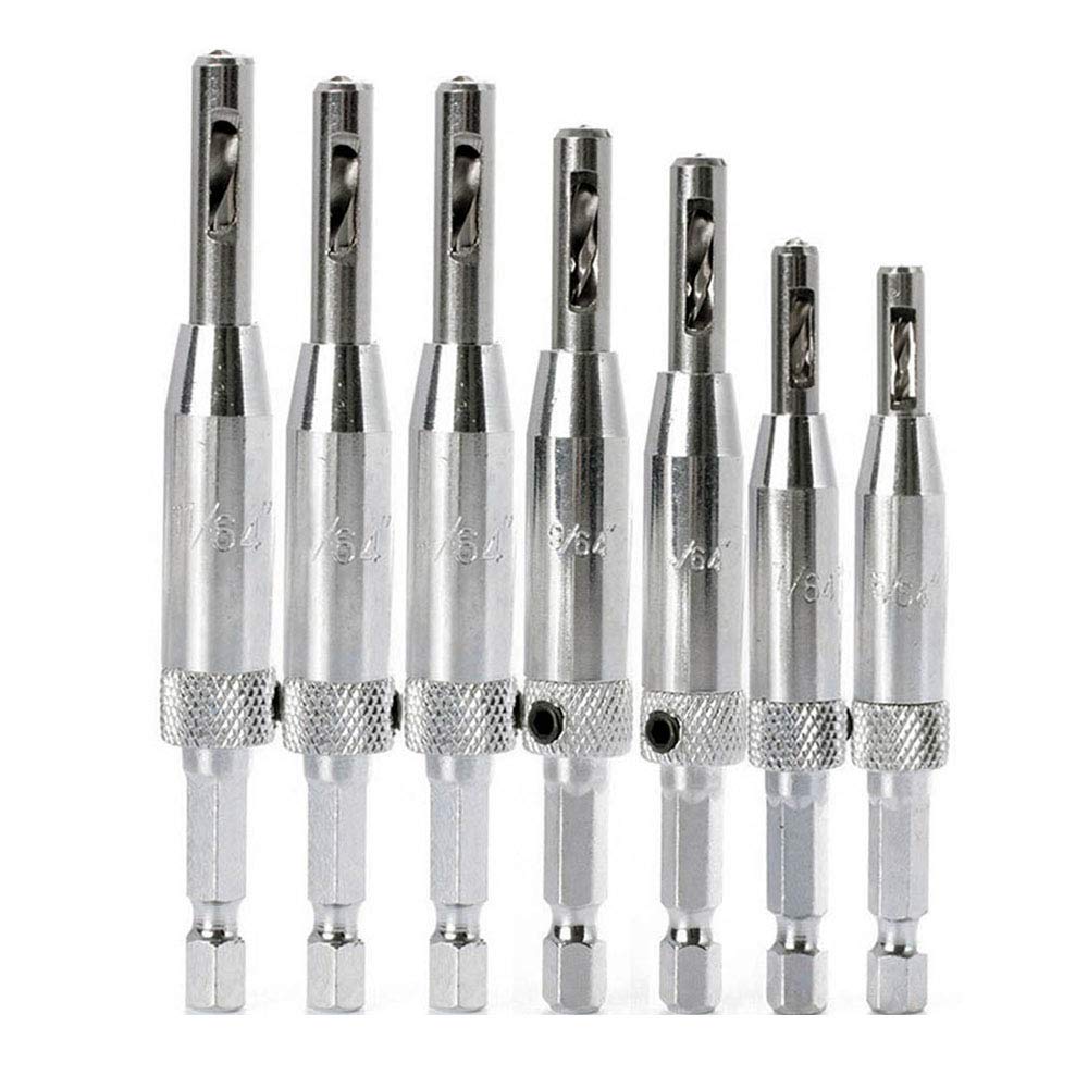 Center Drill Bit Set, Snappy Drill Bit Guide Set 7PCs Hex Shank Self Centering Hinge Drill Bit for No6 Gauge Screws - 5/64" 7/64",9/64" 11/64", 5mm, 13/64"，1/4"