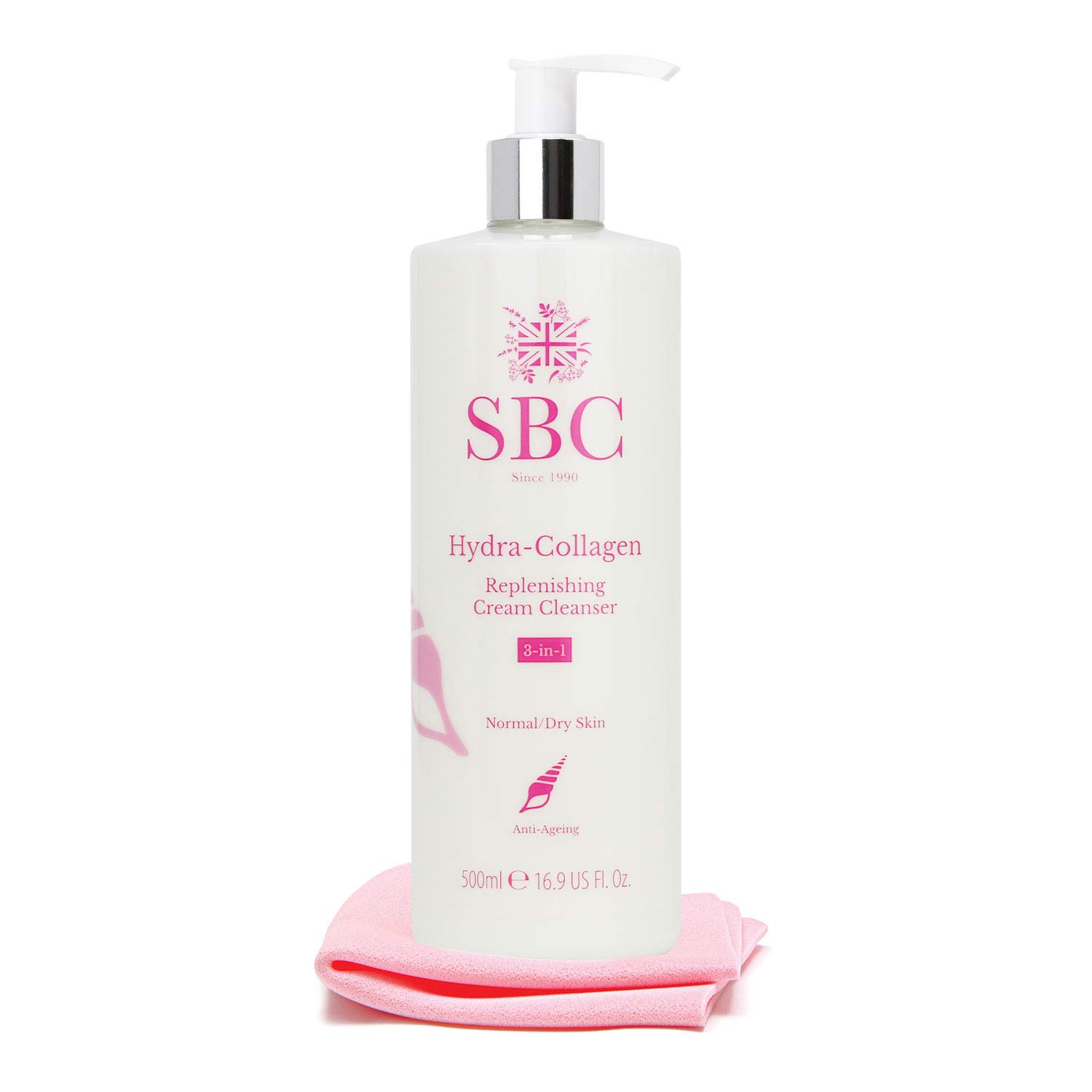SBC Skincare Hydra-Collagen Replenishing Cream Cleanser with Skin Shammy 500ml - Anti-Ageing Collagen Facial Cleanser, Removes Make-Up, Cleanses and Hydrates