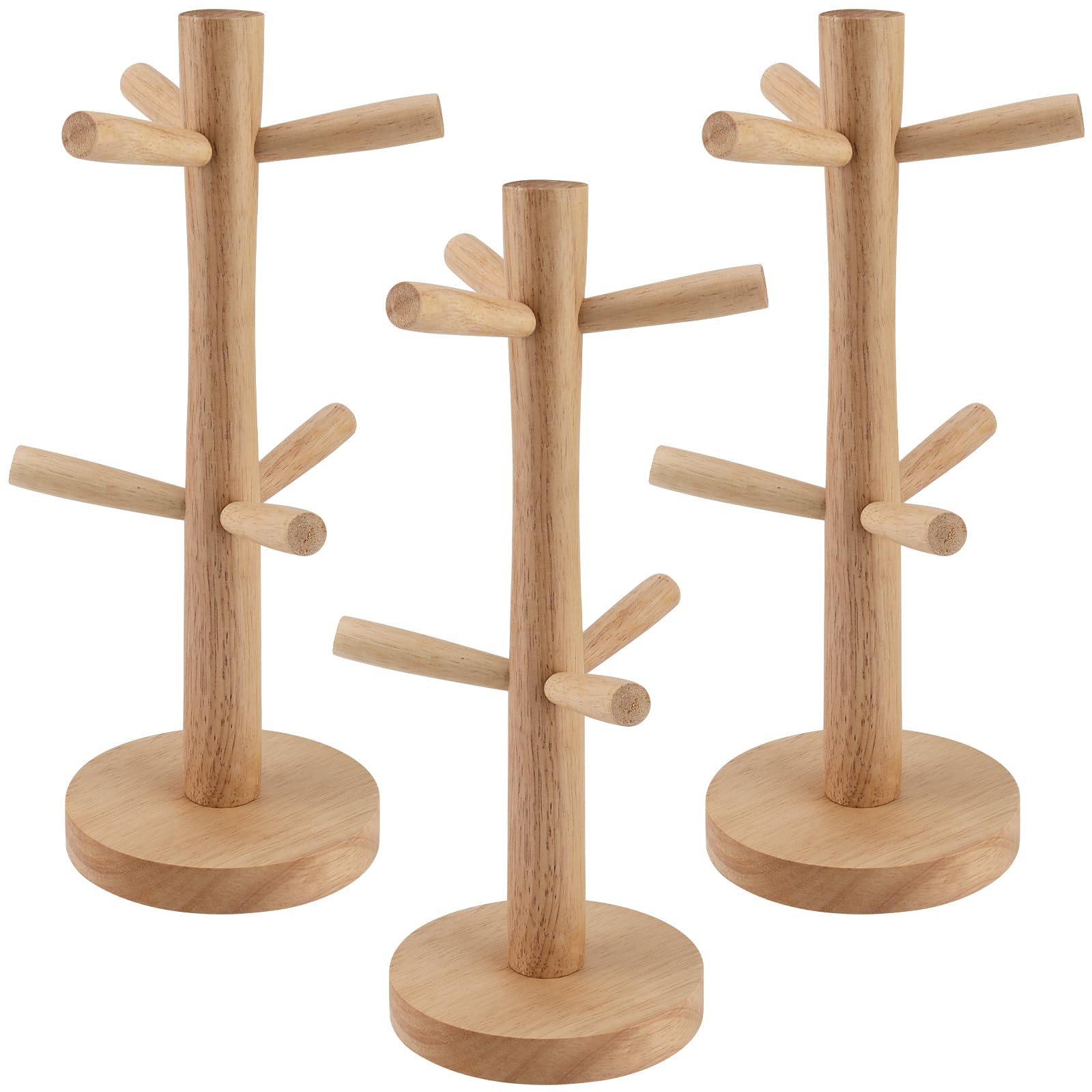 FUNSUEI 3 PCS 6 Mugs Wood Mug Tree, Wooden Cup Holder Tree Mug Holder Tree Cup Stand for Coffee Cups, Mugs, Jewelry Organizing