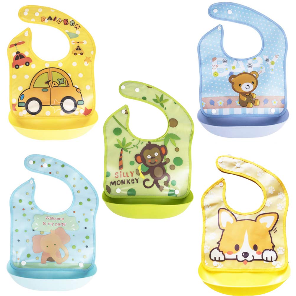 XM-Amigo 5 Pack of Silicone Removable Waterproof Bib Baby Weaning and Feeding Bib with Pelican Style Pocket