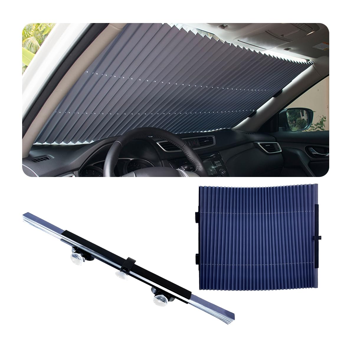 Photo 1 of Suvnie Retractable Windshield Sun Shade for Car, 25 Inch Sunshade Protector Blocks 99% UV Rays to Keep Your Car Cool, Car Accessories for Window Sun Protection with Suction Cups