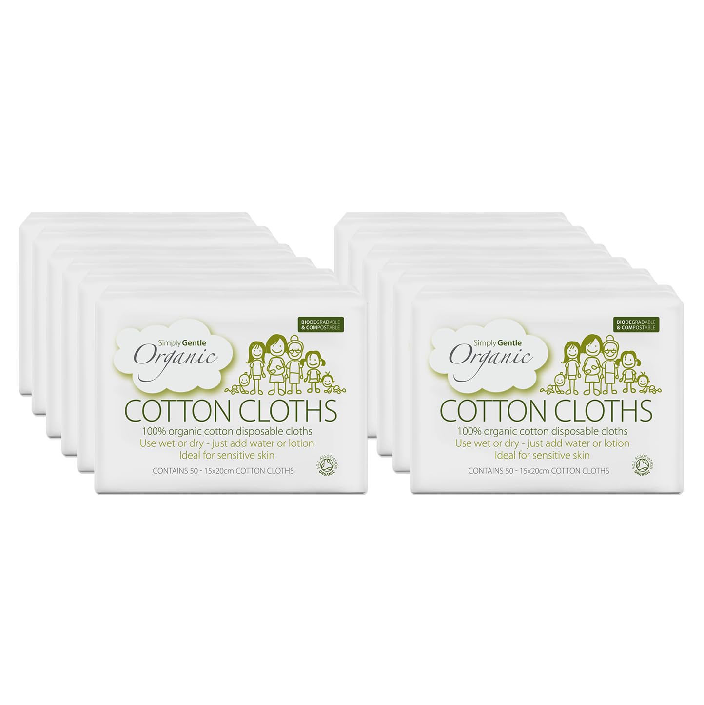 Simply Gentle Organic Dry Wipe/Cotton Cloths Perfect for Sensitive Skin - Pure Cotton Cloths for Newborn Baby - Free from Odours Parabens & Alcohol - Multi-Purpose - Disposable Cloth - 50 (Pack of 12)